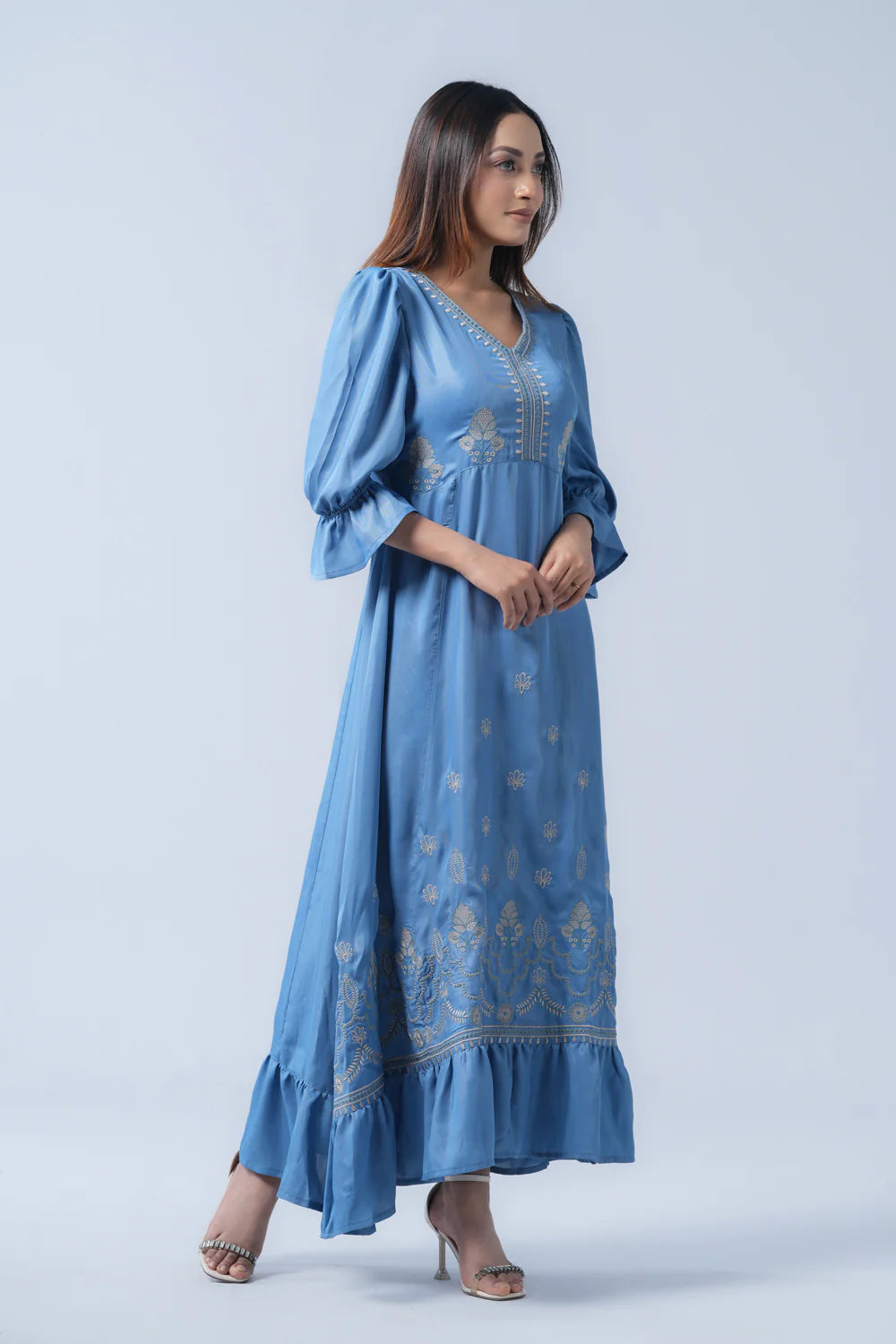 V-Neck Polyester Georgette Long Dress
