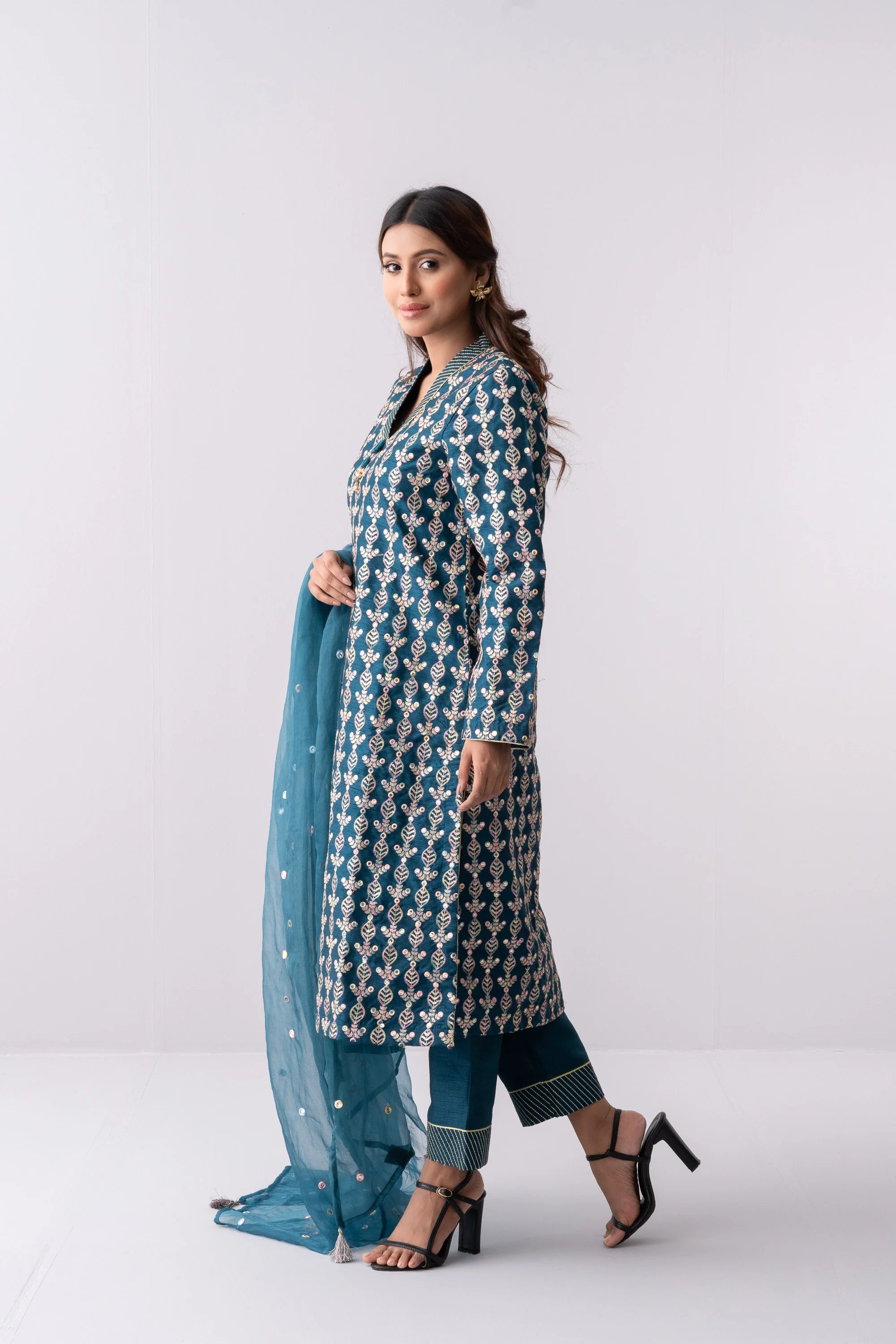 Heavy Embellished Three-Piece Formal Ethnic Set with Organza Dupatta