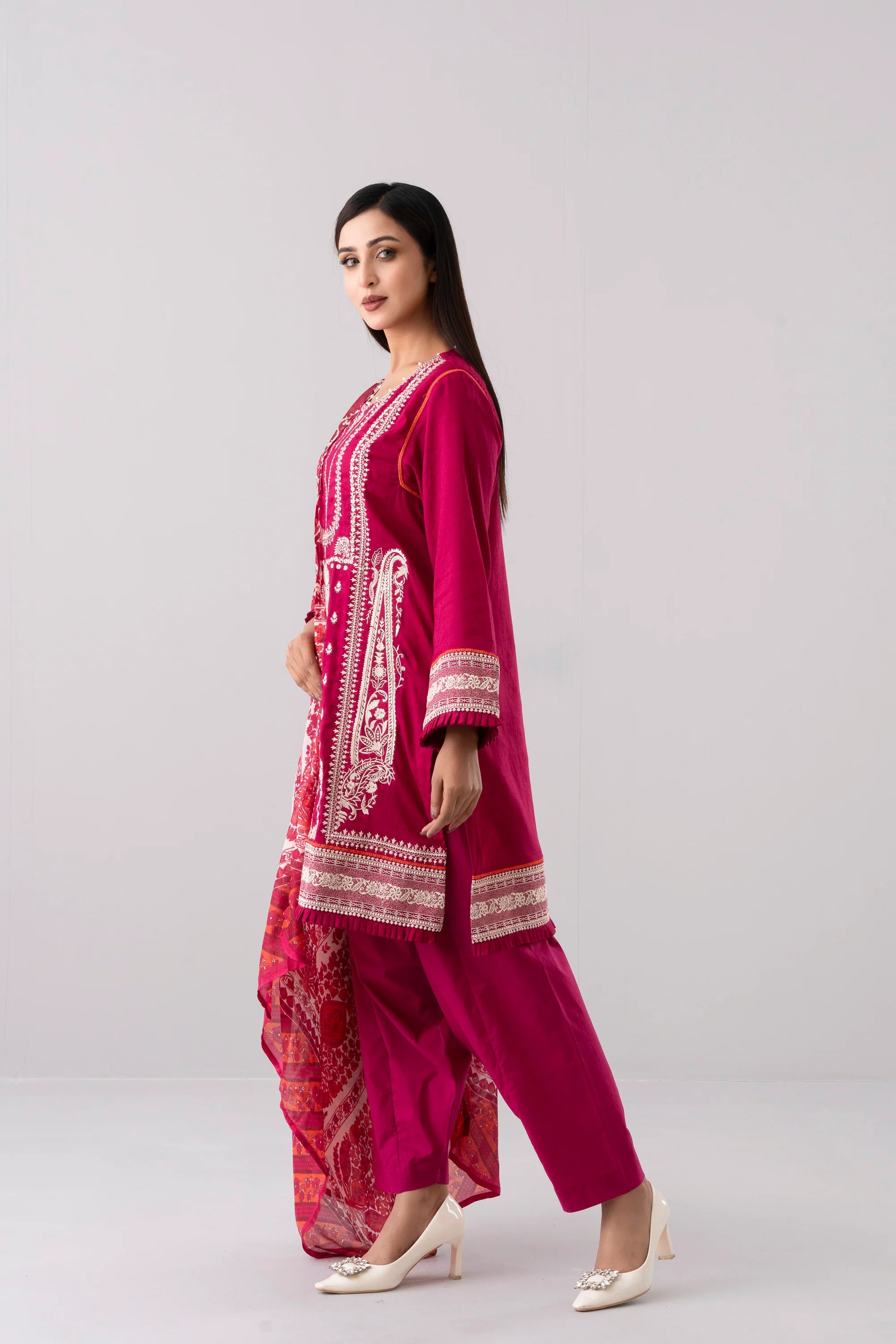 Relaxed Fit Embroidered Three-Piece Lawn with Silk Dupatta