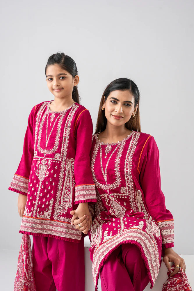 Relaxed Fit Embroidered Three-Piece Lawn with Silk Dupatta