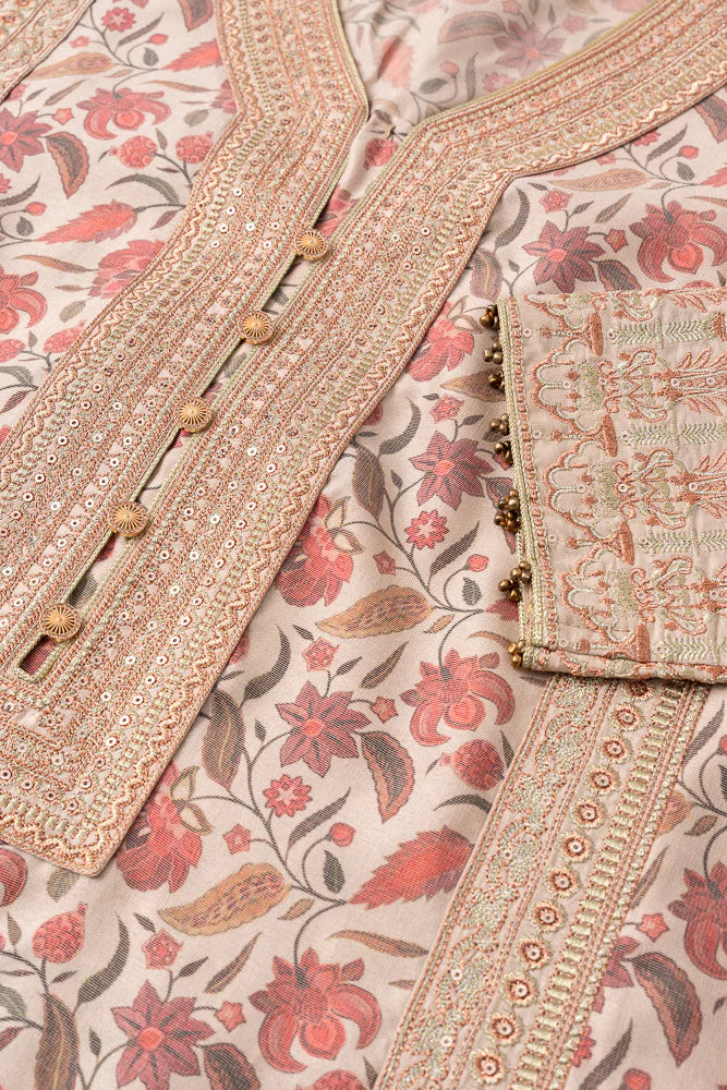 Relaxed Fit Floral Printed Three-Piece Ethnic Set with Organza Dupatta