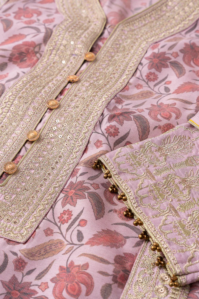 Relaxed Fit Floral Printed Three-Piece Ethnic Set with Organza Dupatta