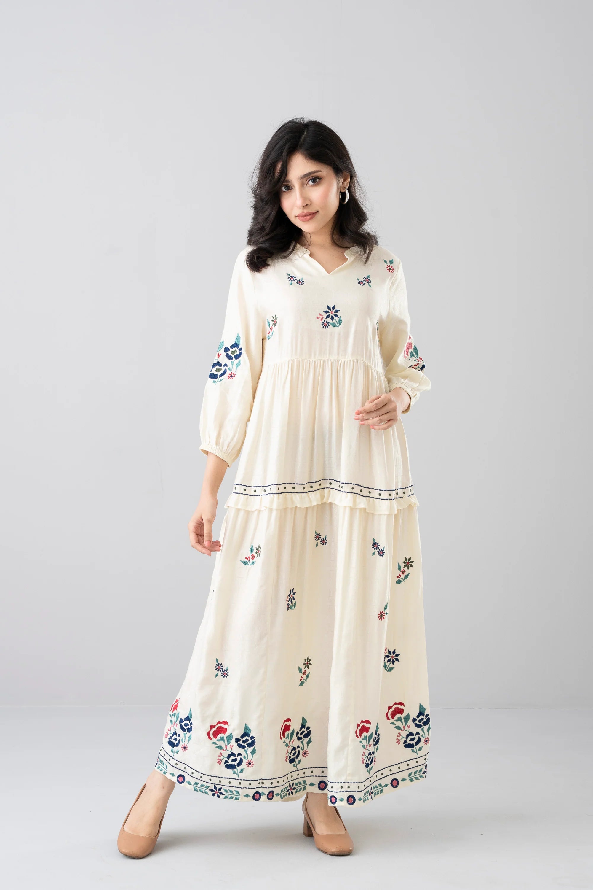 Floral Embroidered Jacquard Long Dress