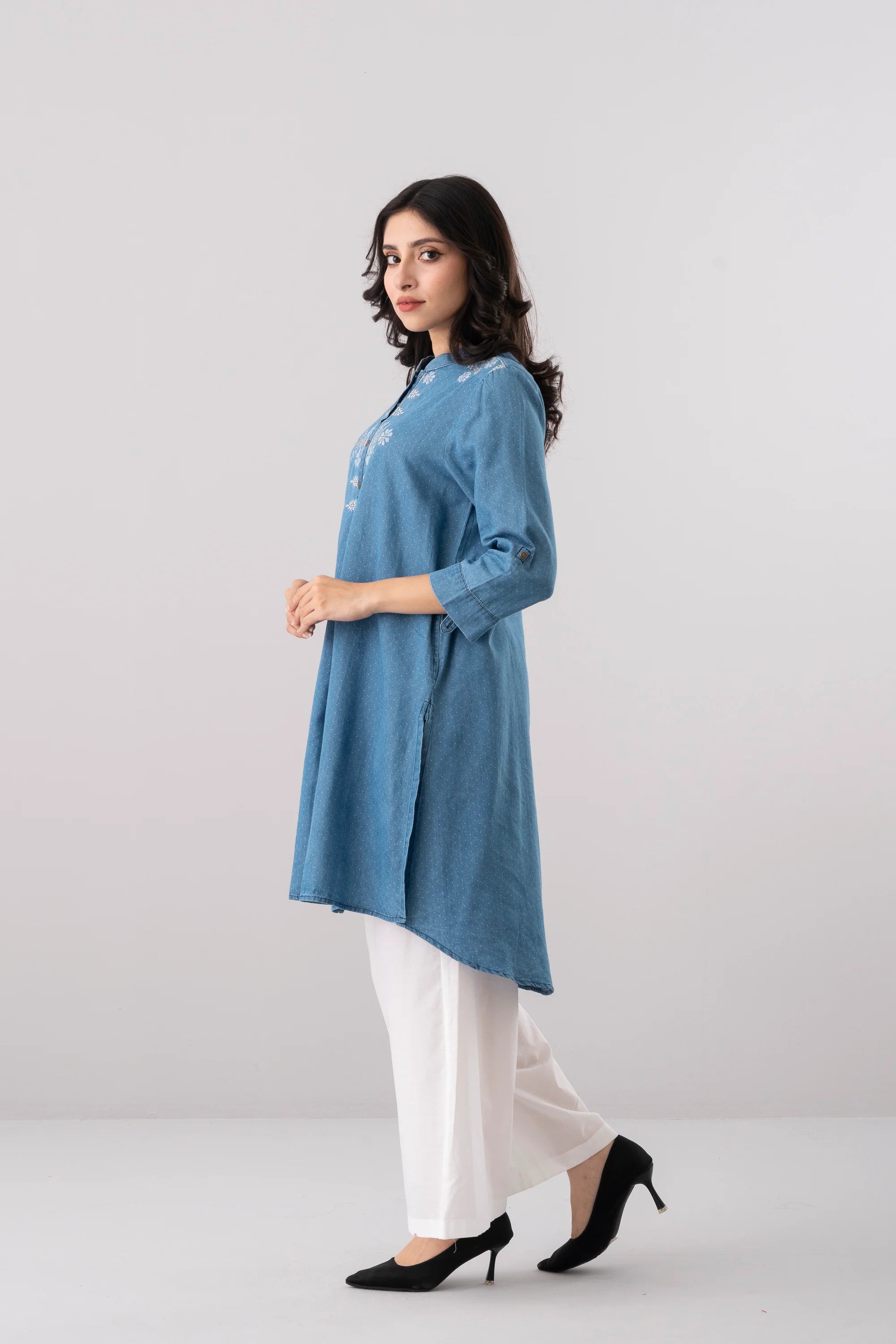 Smart Fit Embroidered Denim Ethnic Kurti