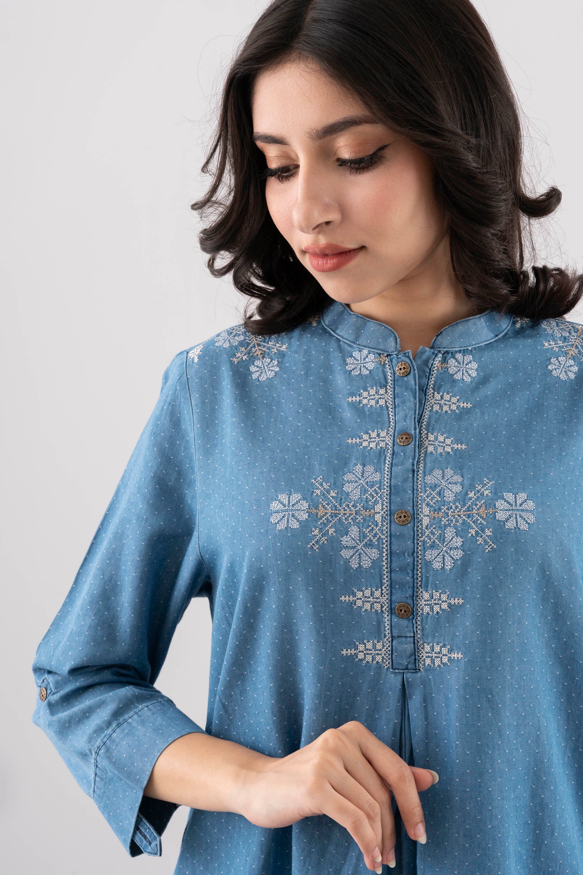 Smart Fit Embroidered Denim Ethnic Kurti