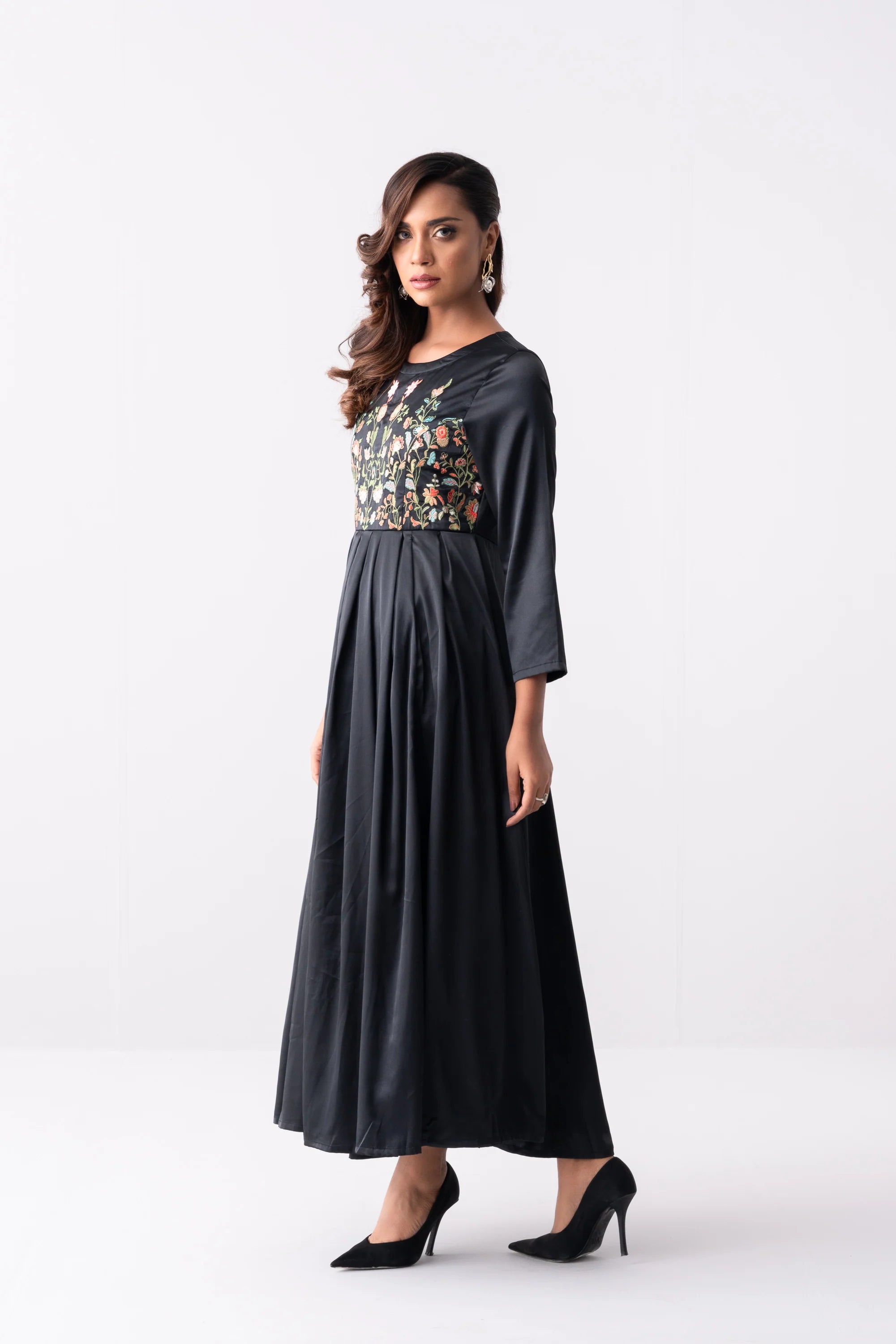 Floral Embroidered Satin Long Dress