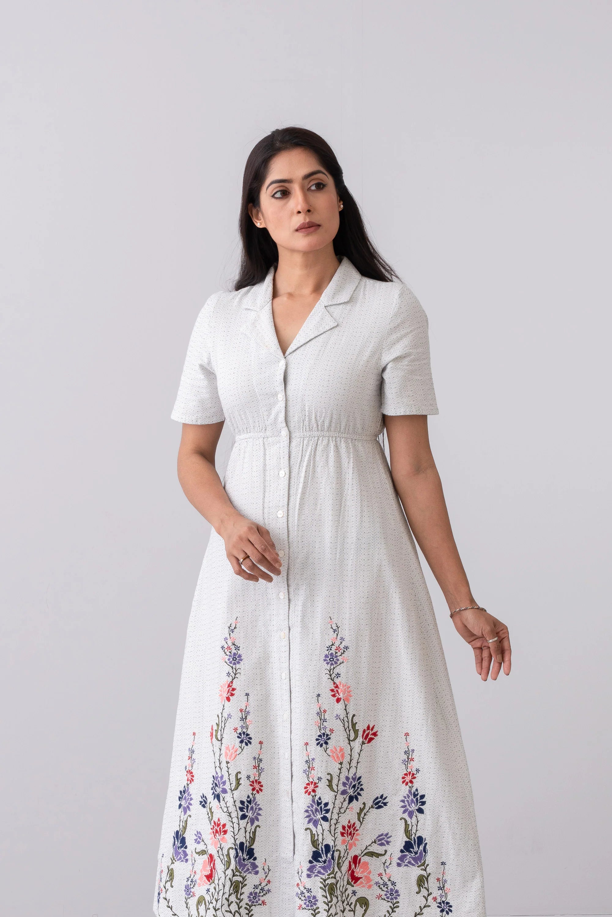 A-Line Shirt-Style Floral Long Dress