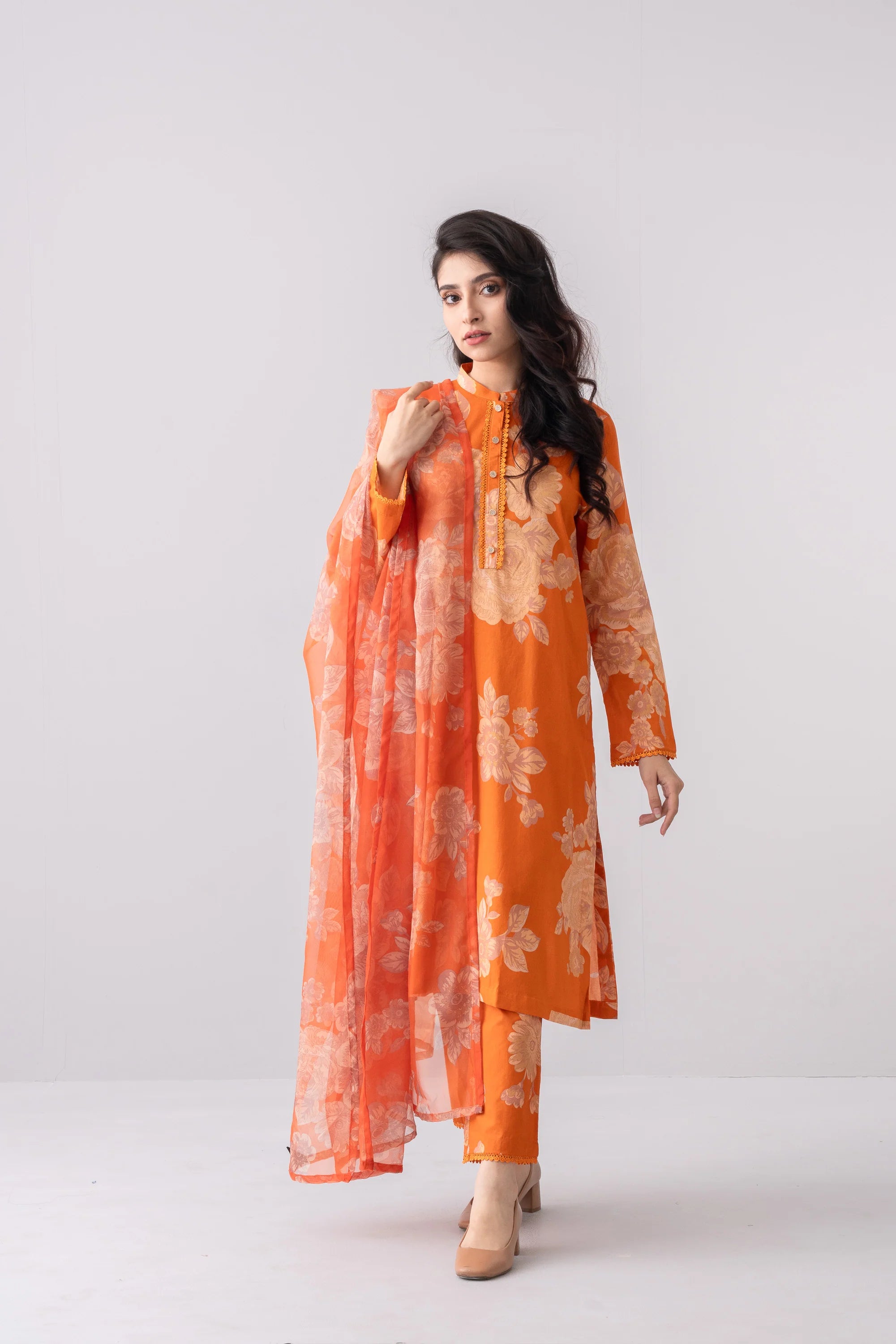 Digital Printed Three-Piece Lawn with Organza Dupatta