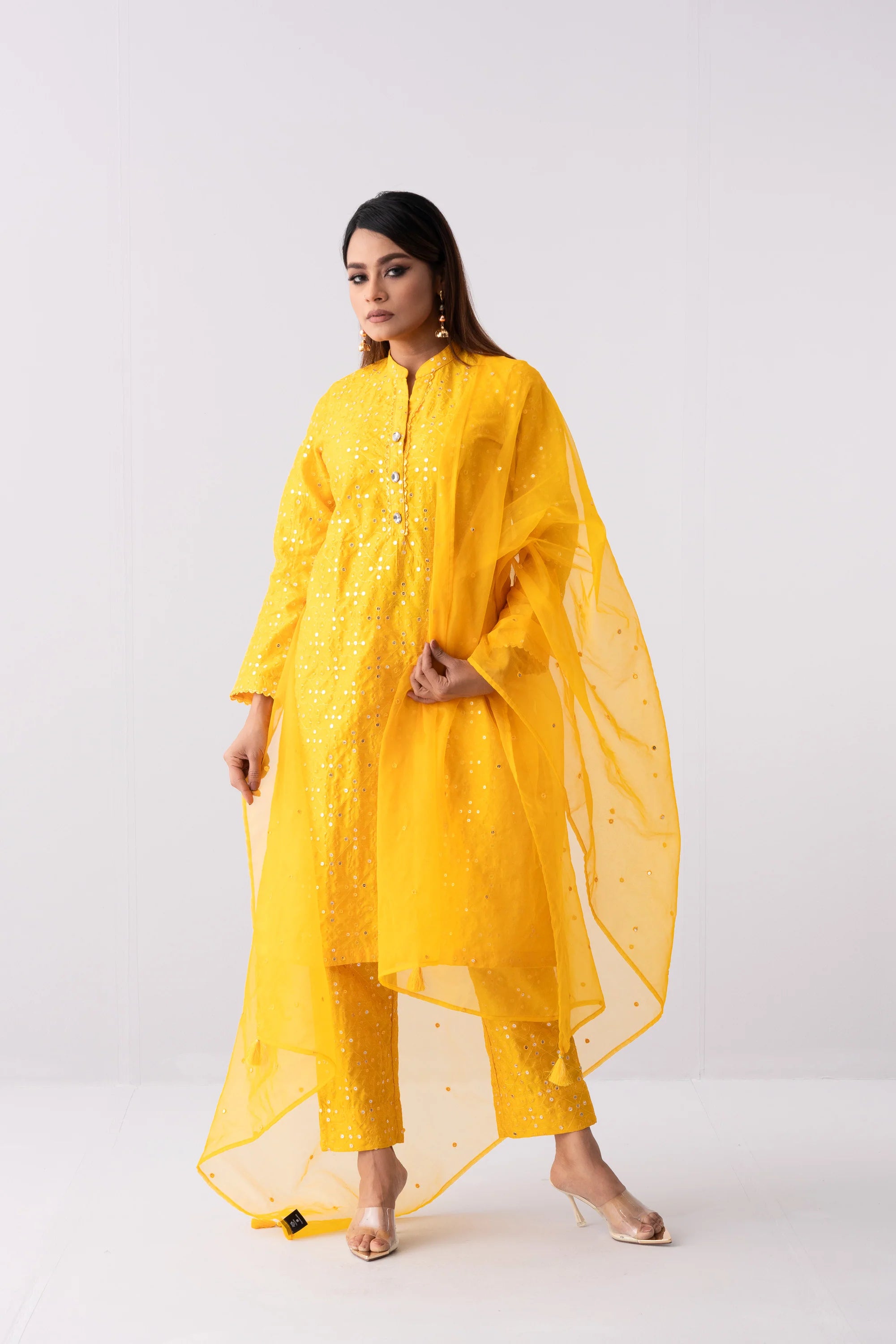 Ready-to-Wear Three-Piece Formal Ethnic Set with Organza Dupatta