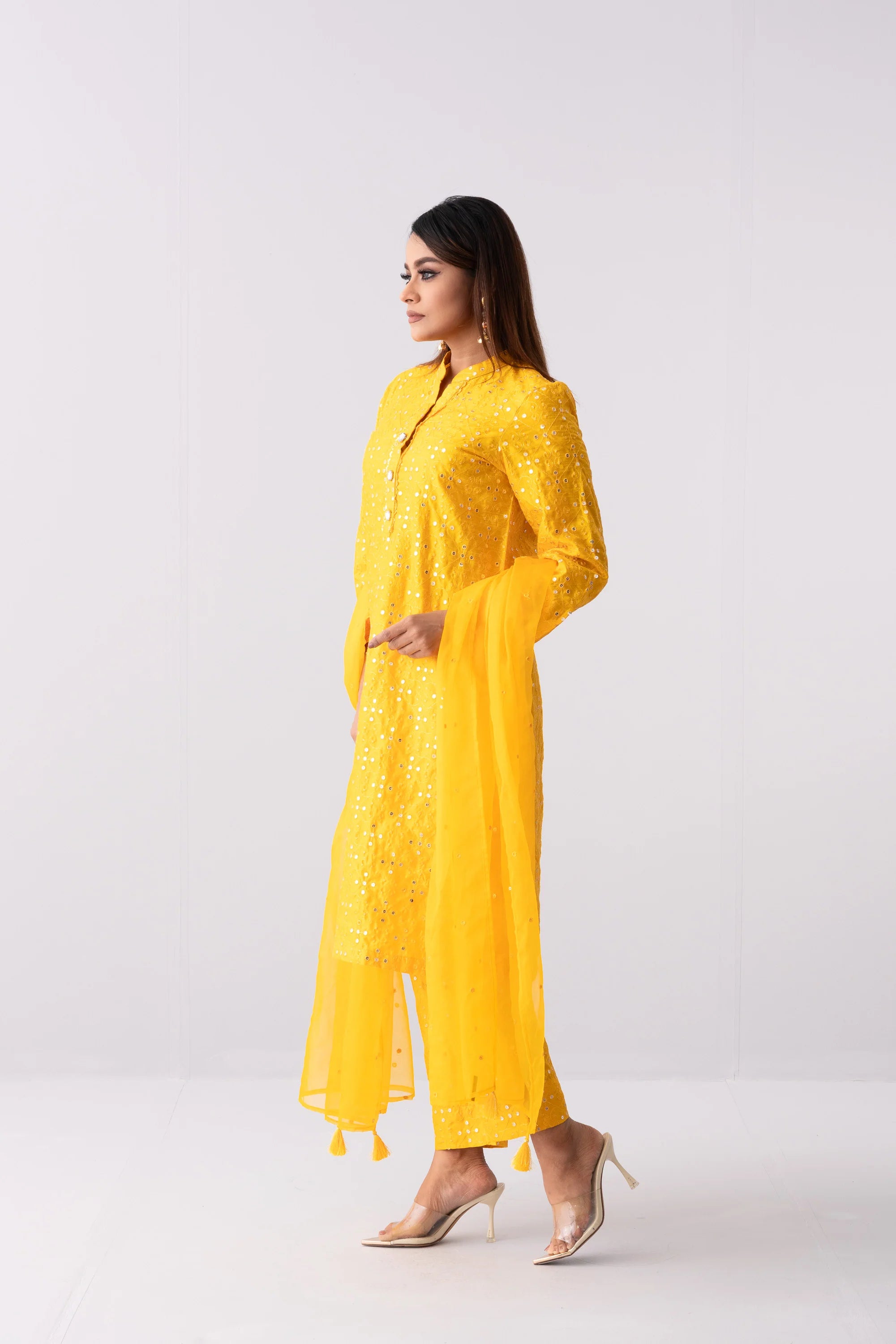 Ready-to-Wear Three-Piece Formal Ethnic Set with Organza Dupatta