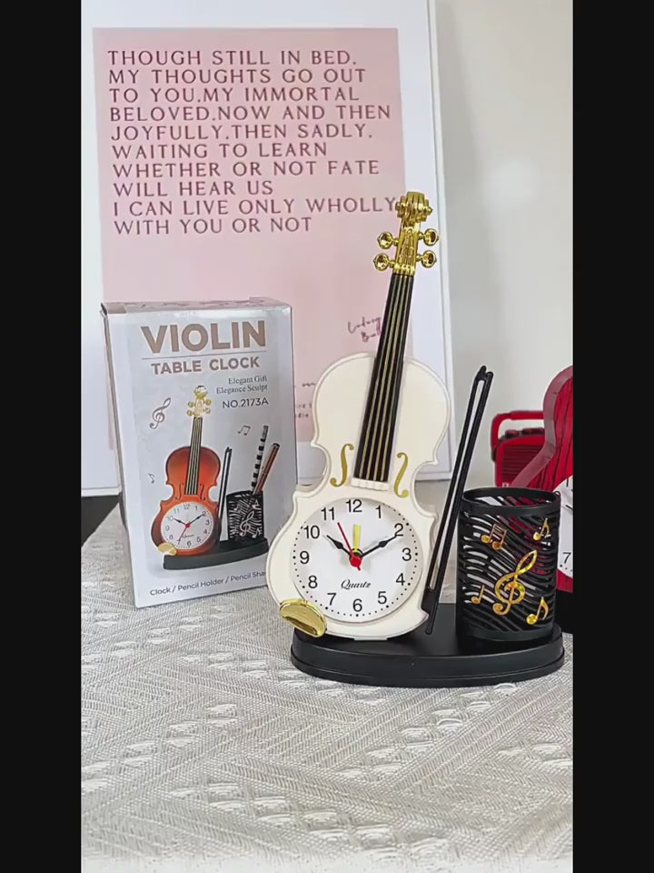 Load video: Violin-Shaped Alarm Clock with Pen Holder